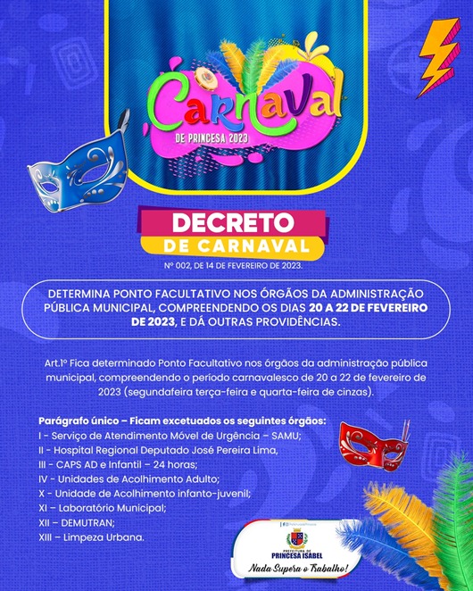 decreto_ponto facultativo_carnaval de Princesa Isabel