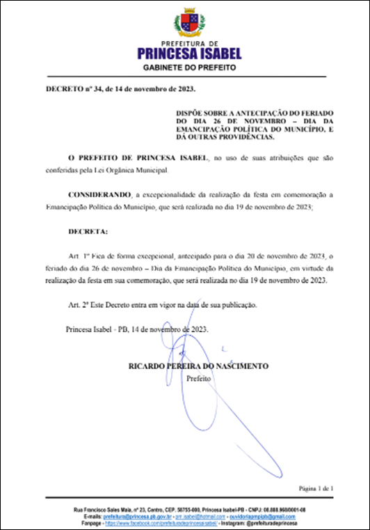 Decreto_Feriado_Prefeitura de Princesa Isabel